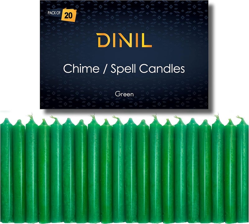Dinil – Set of 20 Green Spell & Chime Candles – Premium Mini Taper Candles for Rituals, Prayer, Birthdays, Meditation, Altar, Spells, Chime Candles - 4 Inch Tall, Unscented (Green) - Image 1